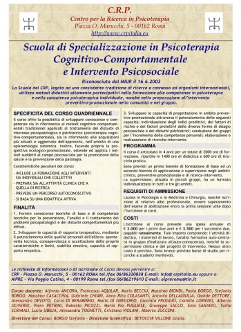Iscrizioni alla Scuola di Specializzazione del CRP. Corso 2016 - 2019